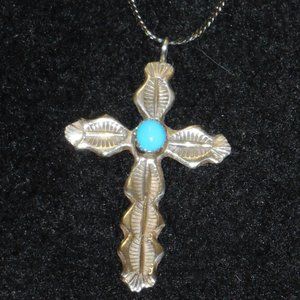 Vintage Silver and Turquoise Cross Pendant Southwestern Design